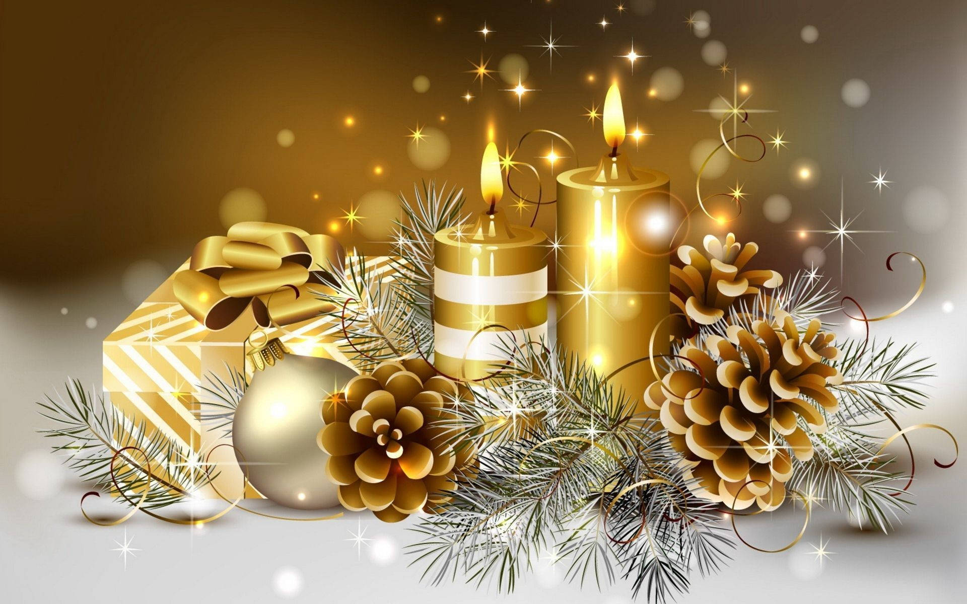 Merry Christmas Hd Golden Candles Wallpaper