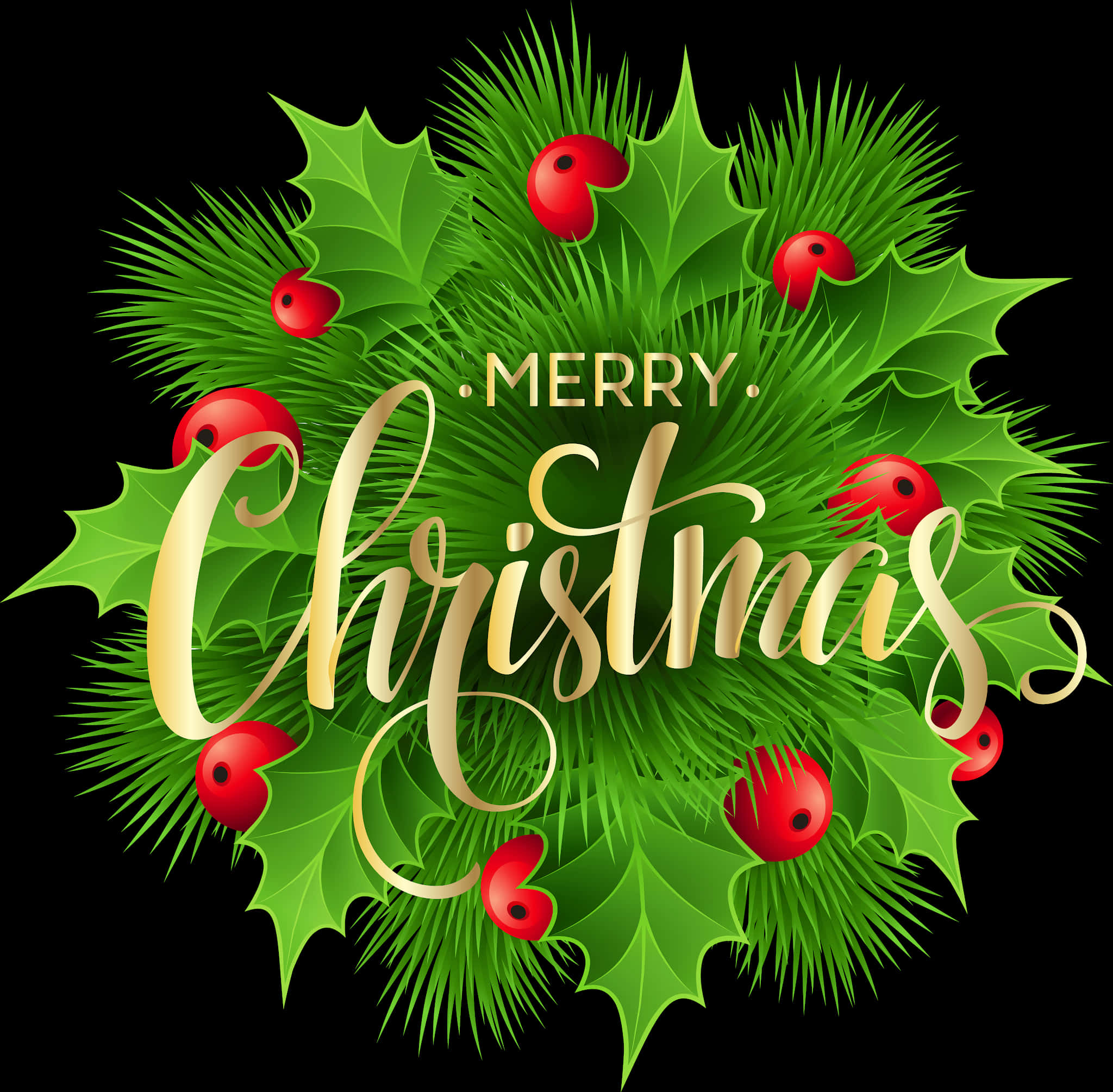 Merry Christmas Hollyand Berries Graphic PNG