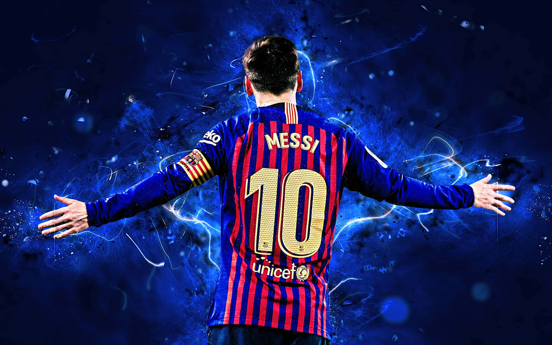 Lionel Messi dribbles around his defender surrounded by a colorful sunset.