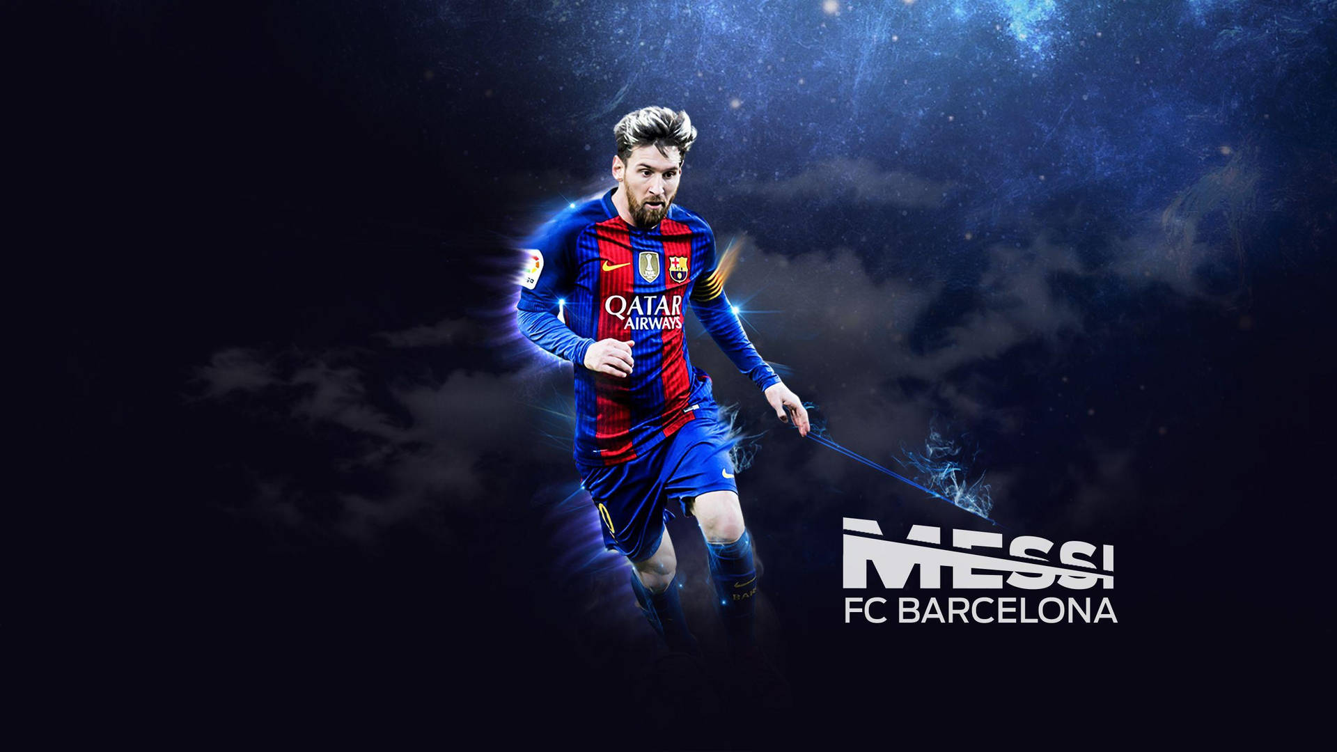 Messi Barcelona In Blue Cloudy Backdrop Wallpaper