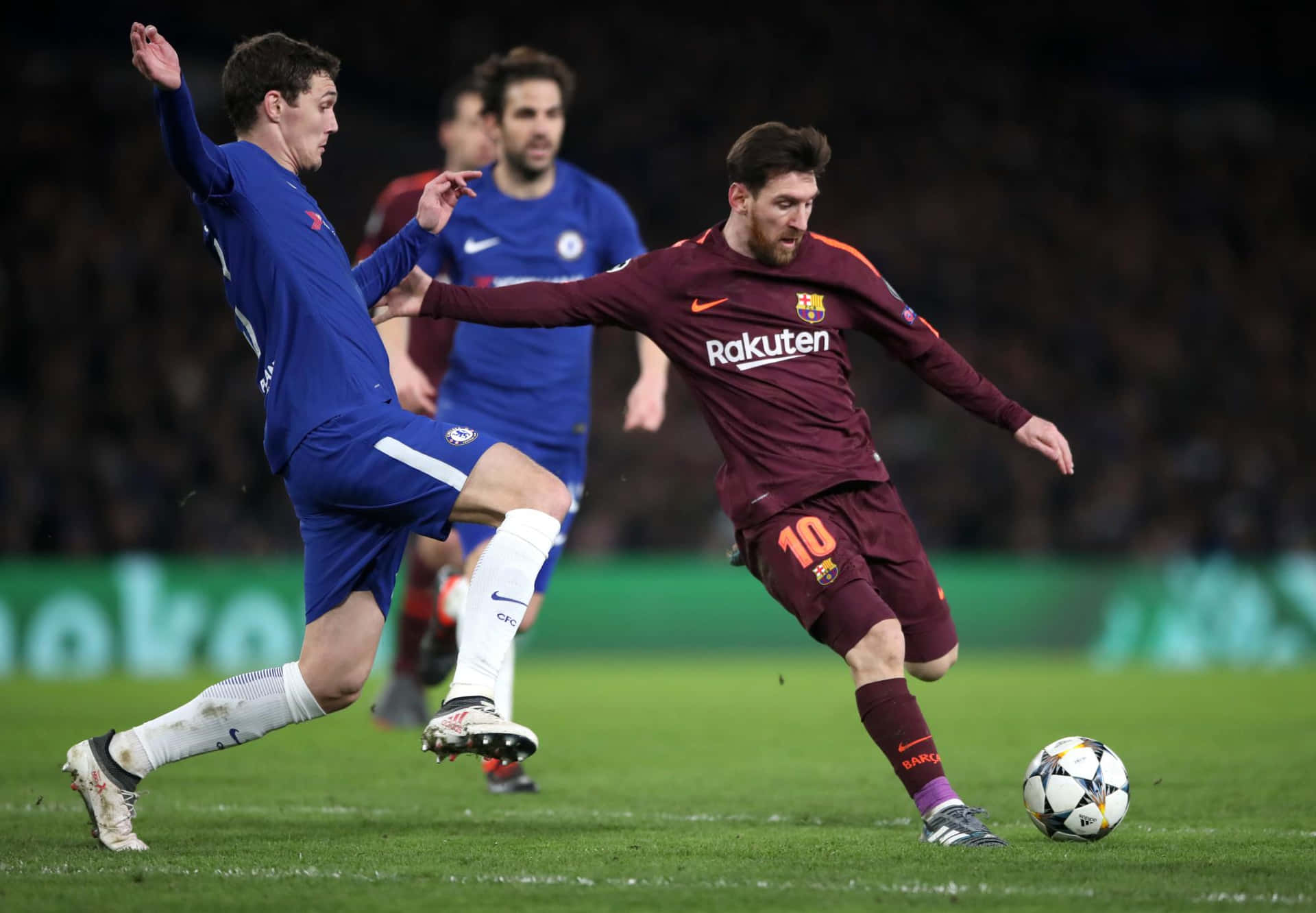 Messi Dribbling Past Defender Football Match Wallpaper