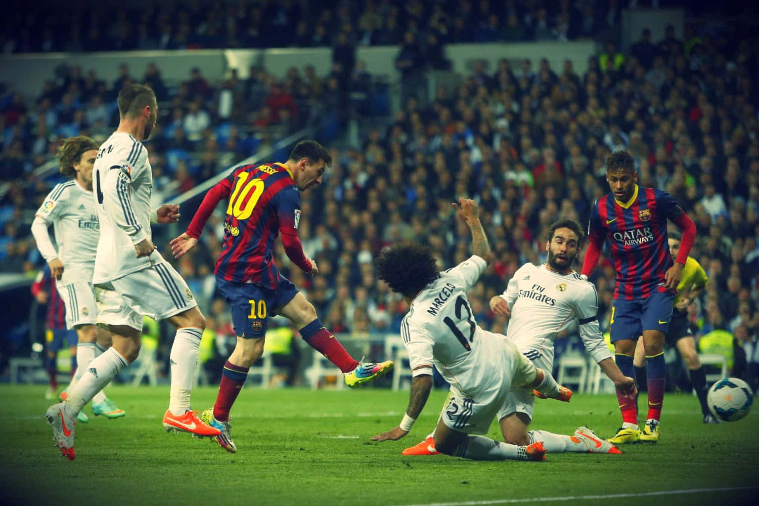 Messi Dribbling Past Defenders El Clasico Wallpaper