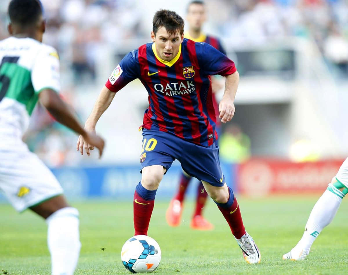 Messi In Action Dribbling Barcelona Wallpaper