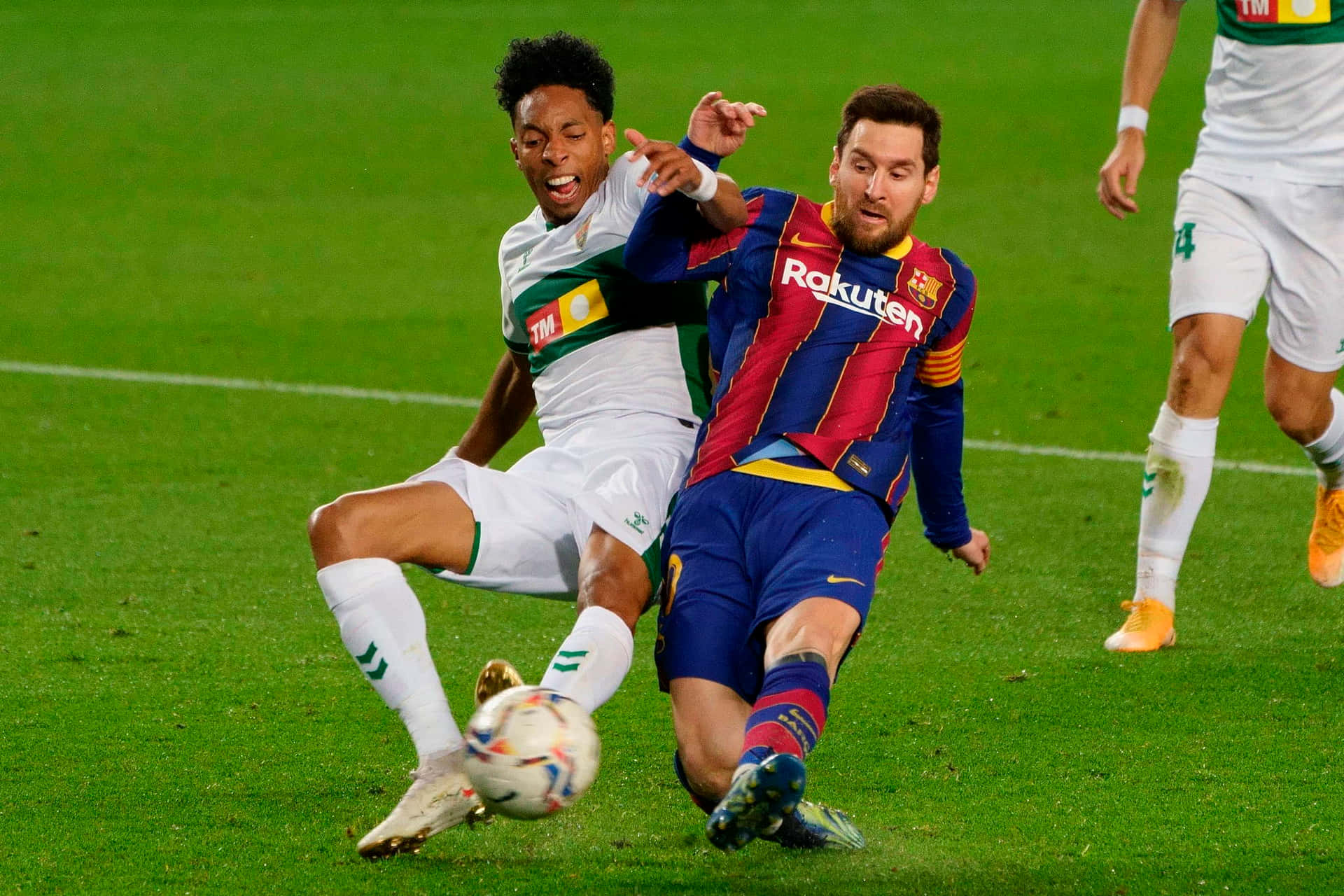 Messi In Action Dribbling Past Defender Wallpaper