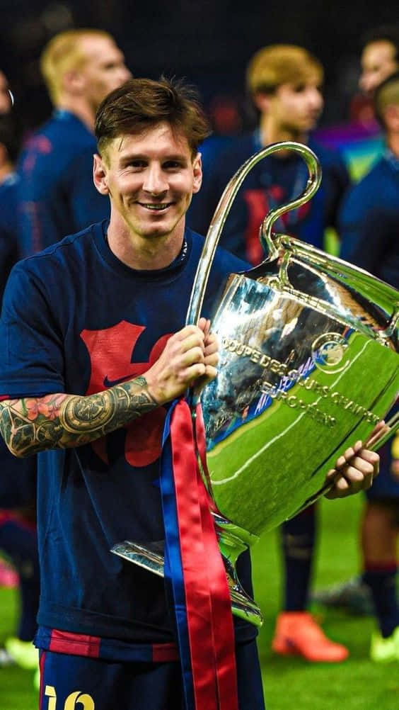 Messi Iphone With Champions League Trophy Wallpaper