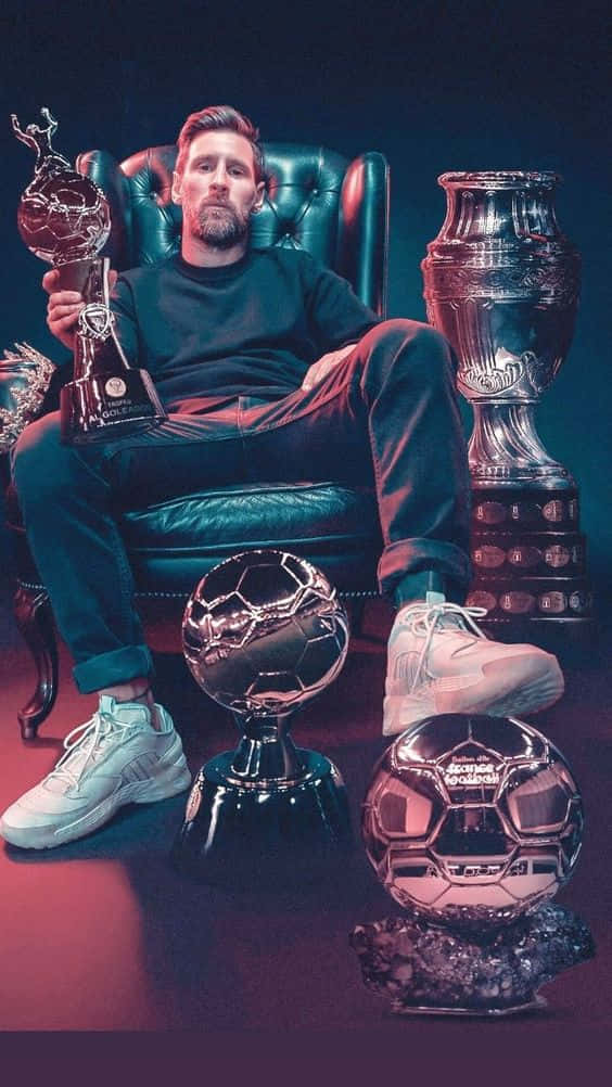 Messi Iphone With His Trophies Wallpaper