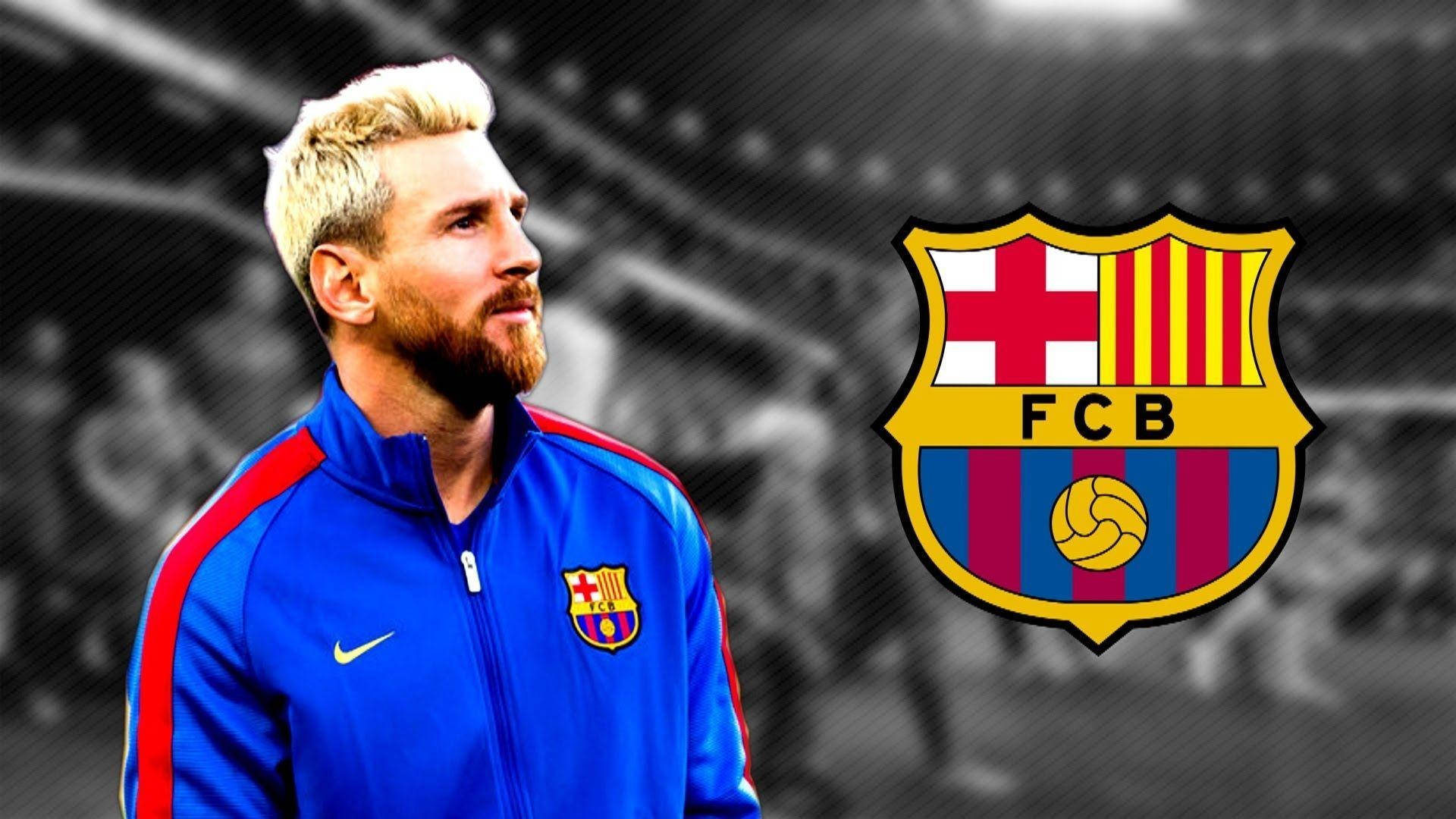 Download Messi With Fcb Logo Wallpaper 