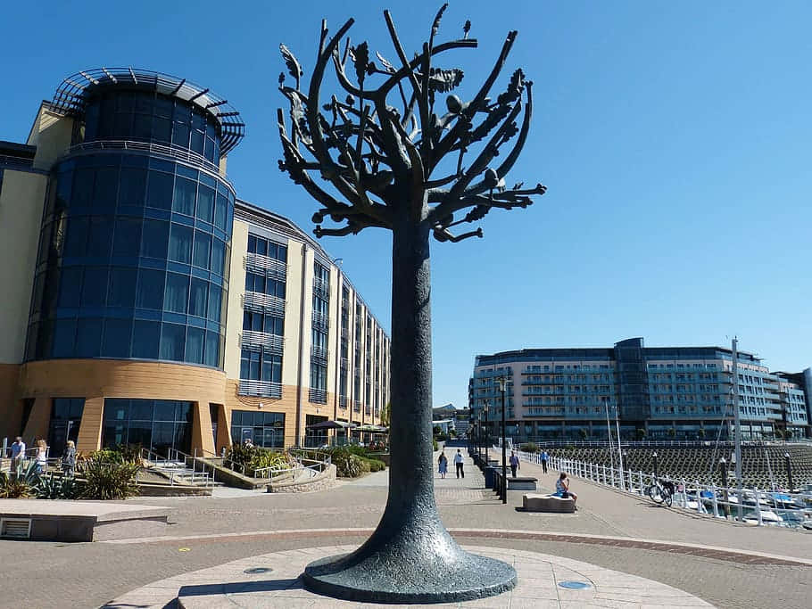 Metal Tree Sculpture Urban Square Wallpaper