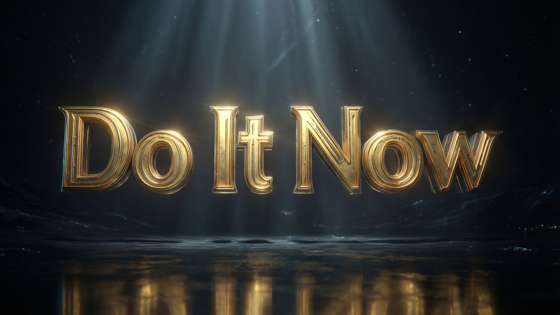 Texto motivacional dourado Do It Now iluminado por holofotes em uma superfície reflexiva.