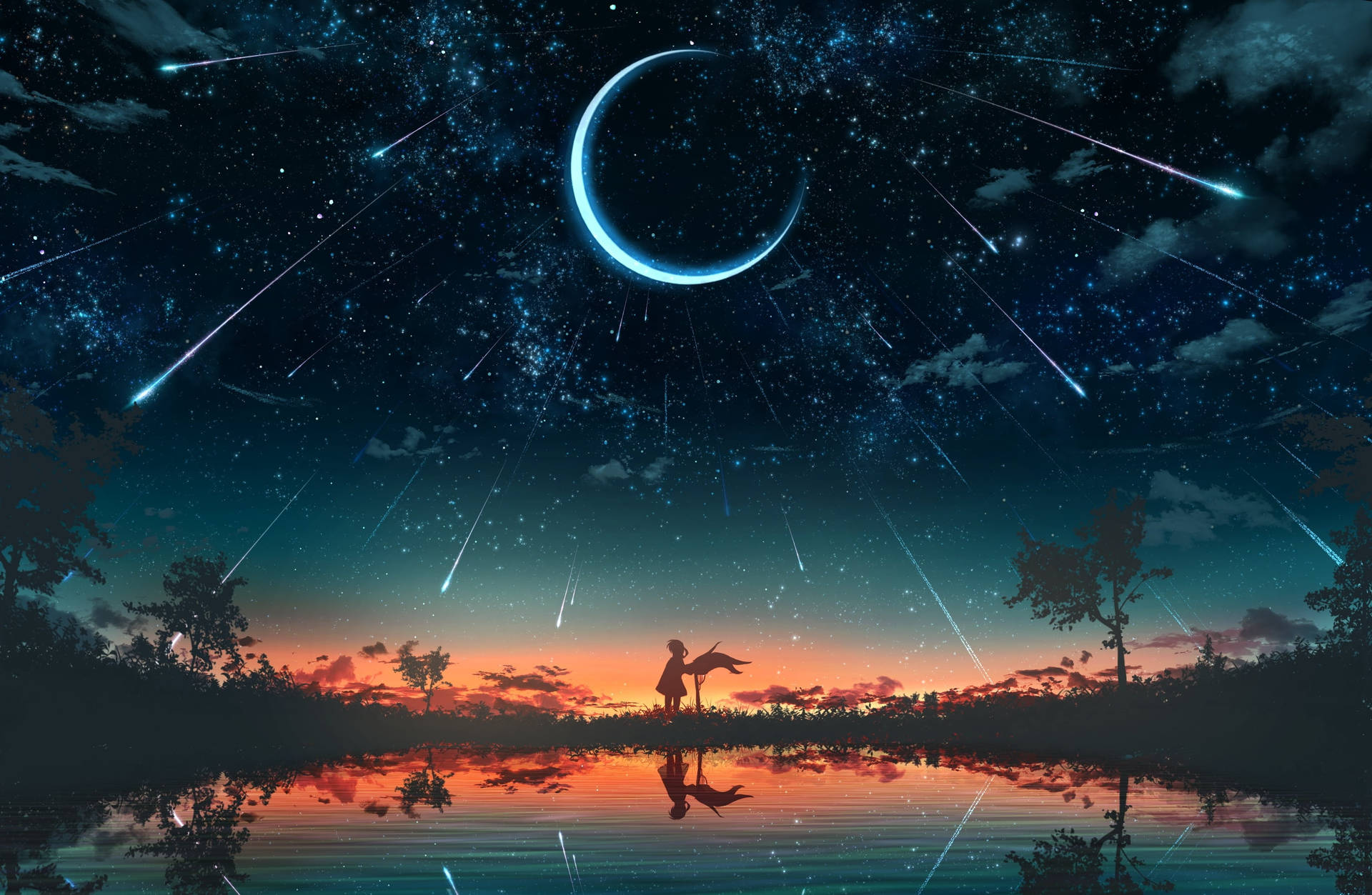 Meteor Shower Aesthetic Anime Scenery Wallpaper