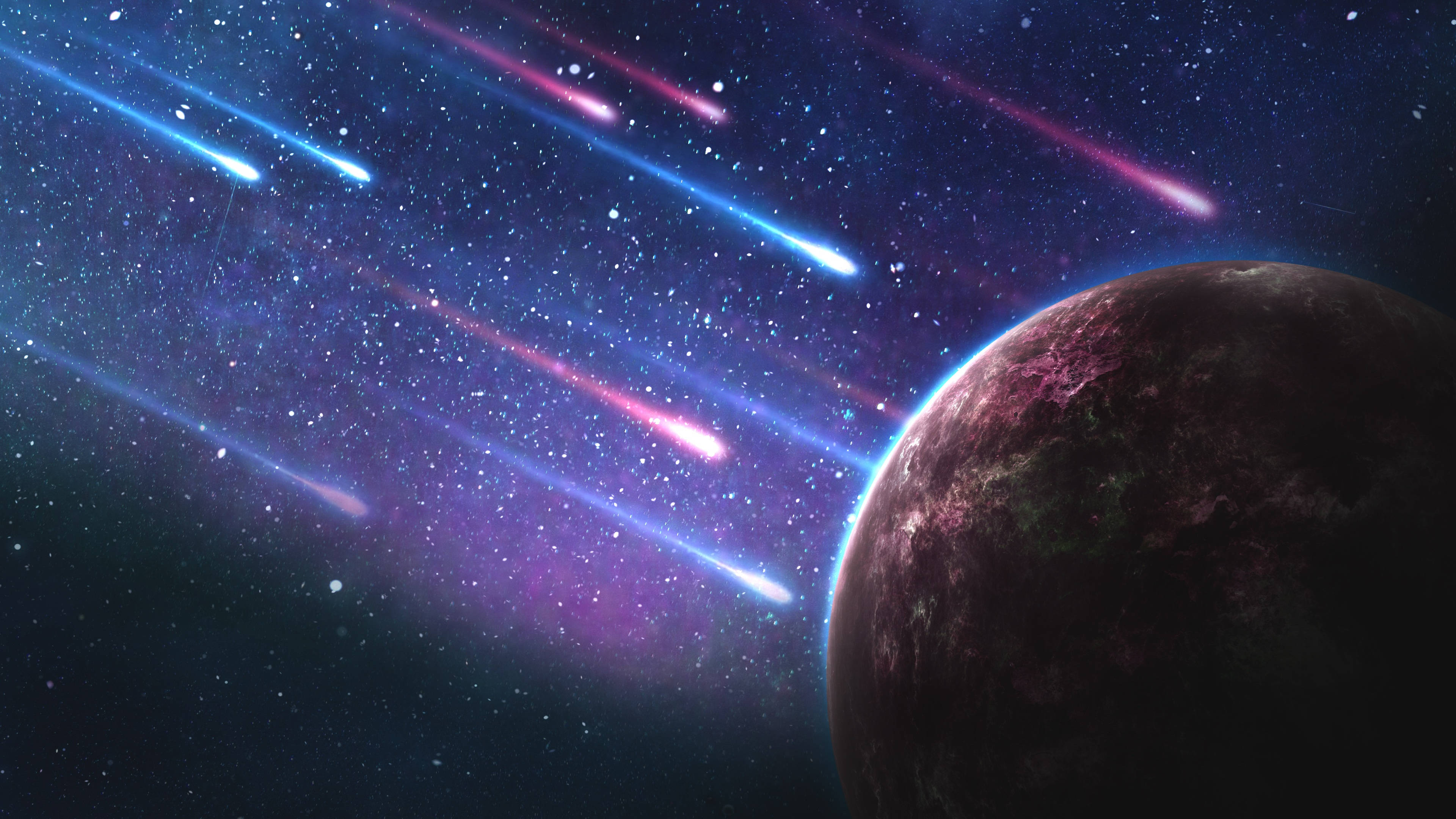 Meteóros,asteroides Y Un Planeta En Una Galaxia Colorida. Fondo de pantalla