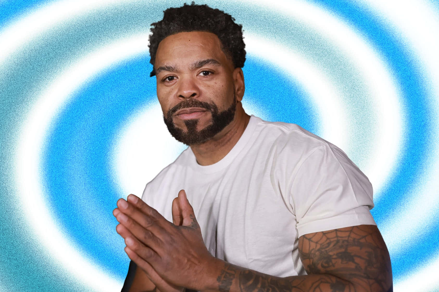 Method Man Clapping Hands Against Blue Swirl Background Wallpaper
