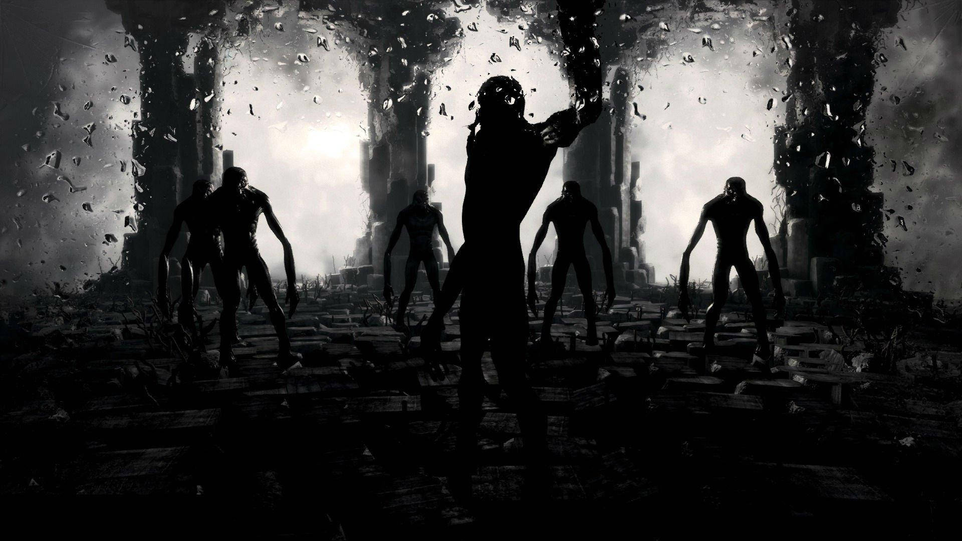 A Dark Scene With A Group Of People In The Background Wallpaper