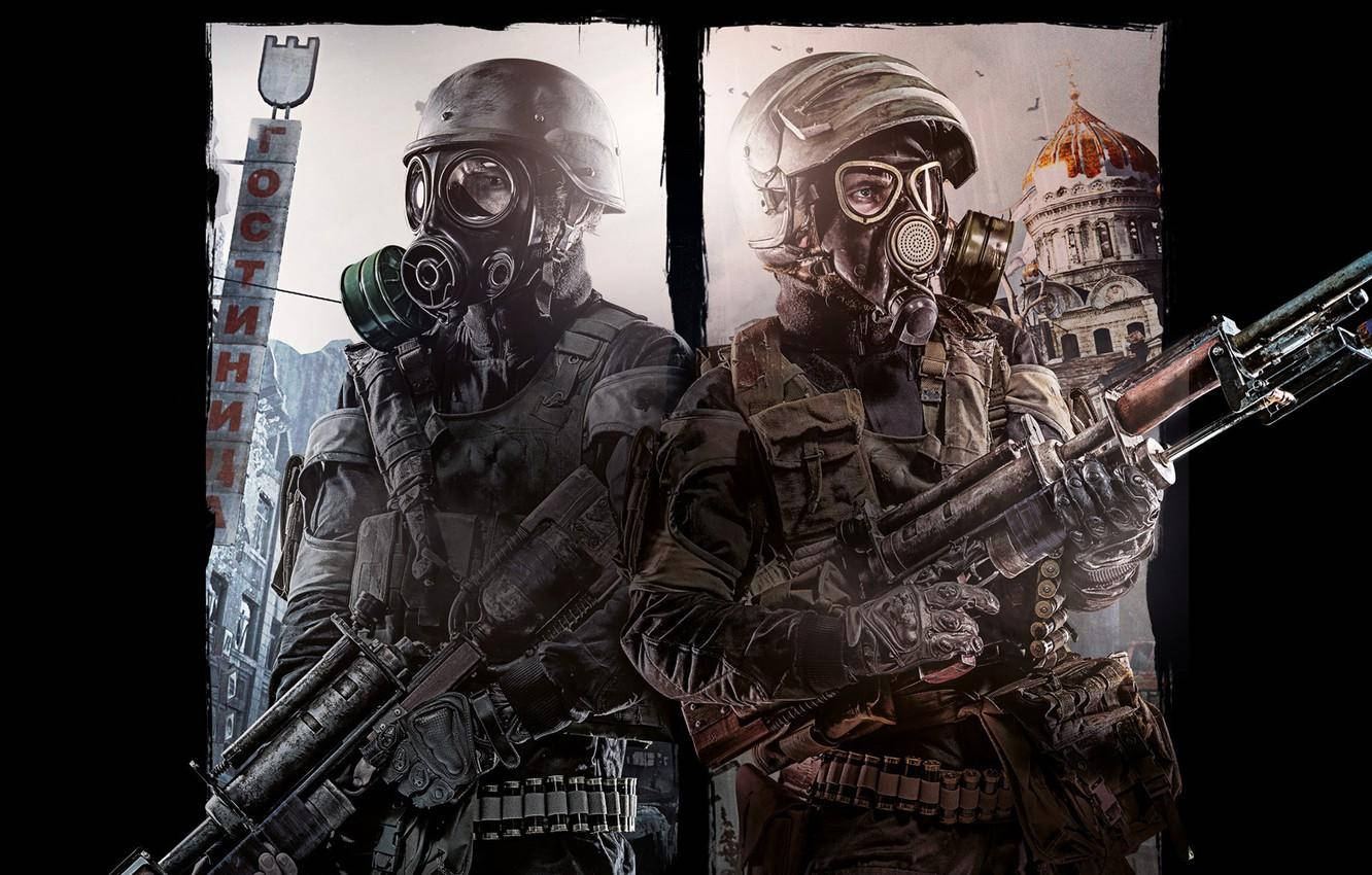 Two Soldiers With Gas Masks And Guns Wallpaper