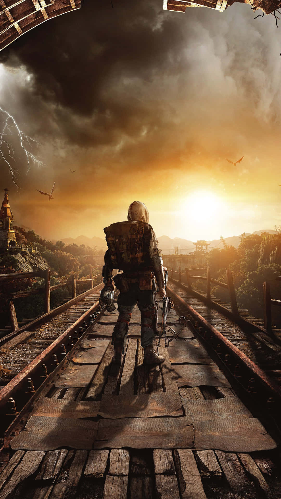 A Man Standing On A Train Track With Lightning Wallpaper