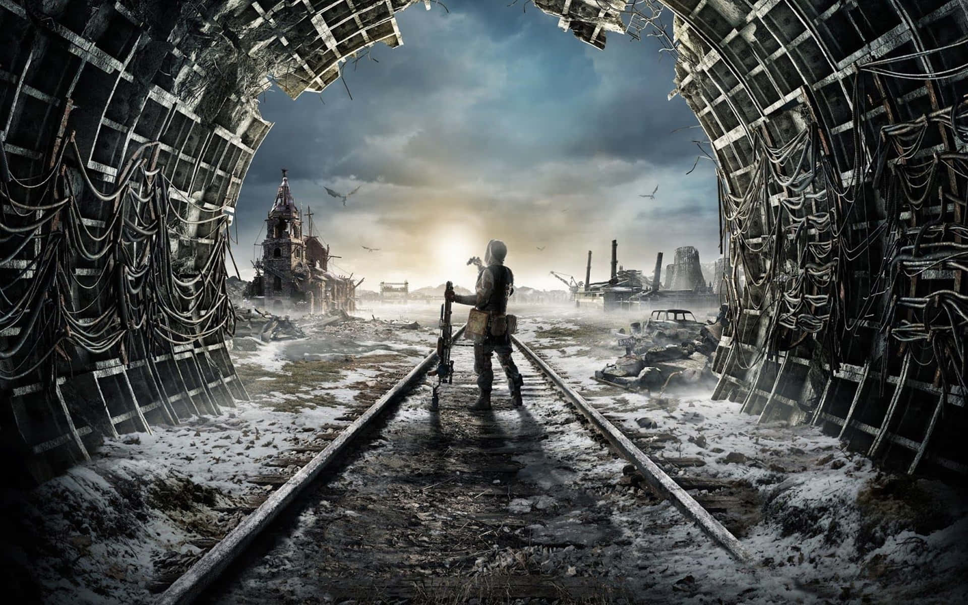A Man Standing In A Tunnel With A Train Wallpaper