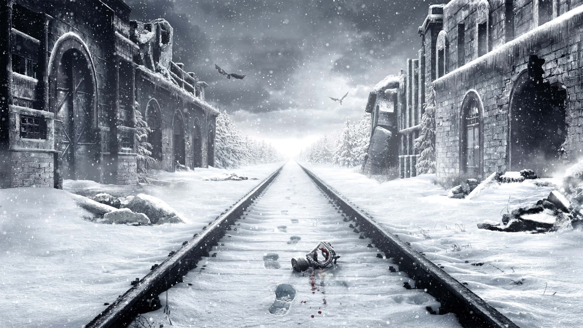 Et tog spor med sne og en blodig scene Wallpaper