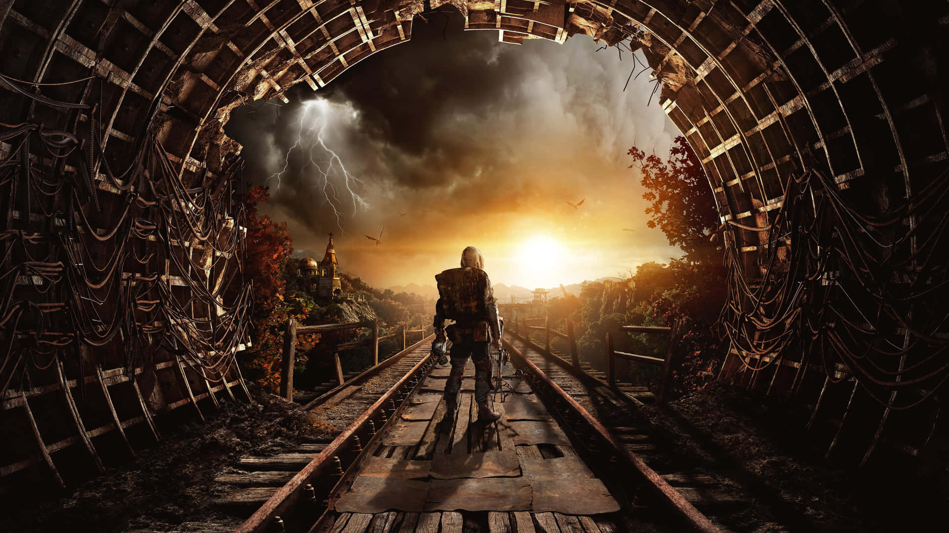 Metro Exodus Character Exploring Post Apocalyptic Landscape Wallpaper