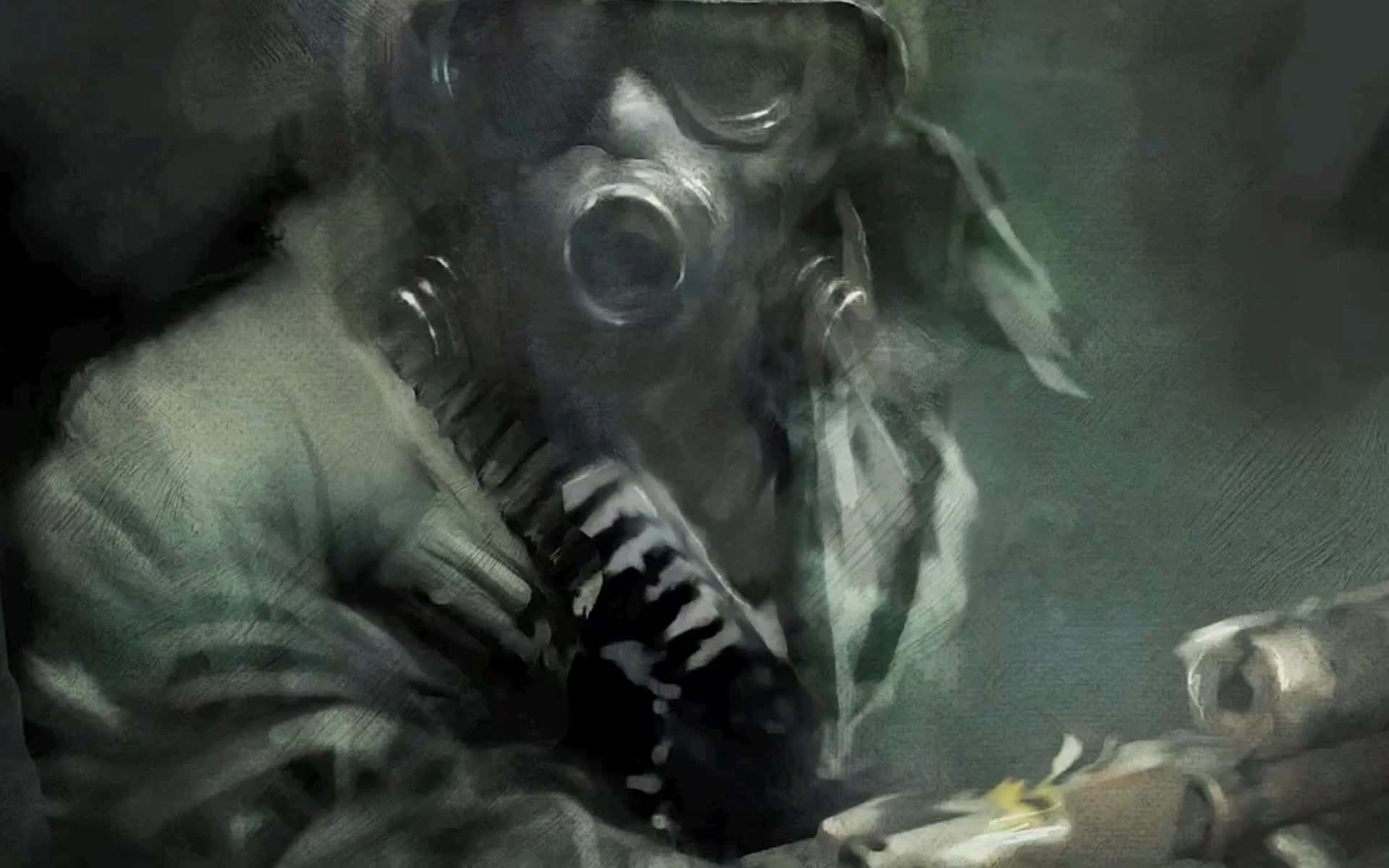 A Painting Of A Soldier In A Gas Mask Holding A Gun