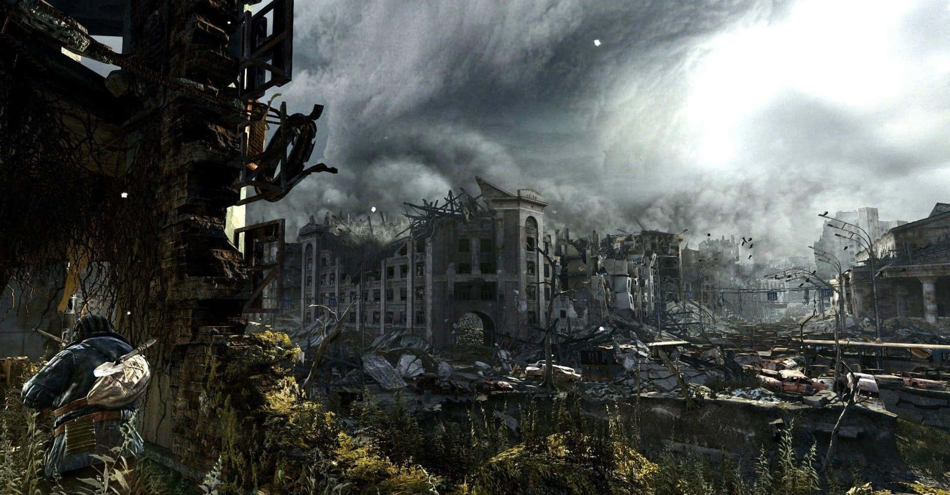 A Screenshot Of A City With Ruins And A Man Standing In The Middle