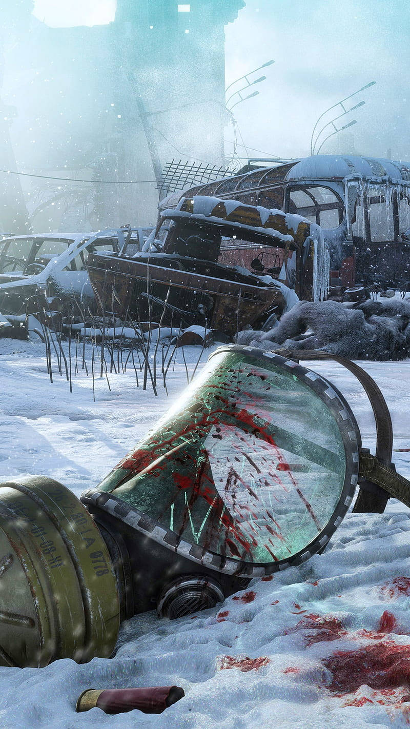 Et snedækket landskab med et blodig gasmaske og en pistol Wallpaper