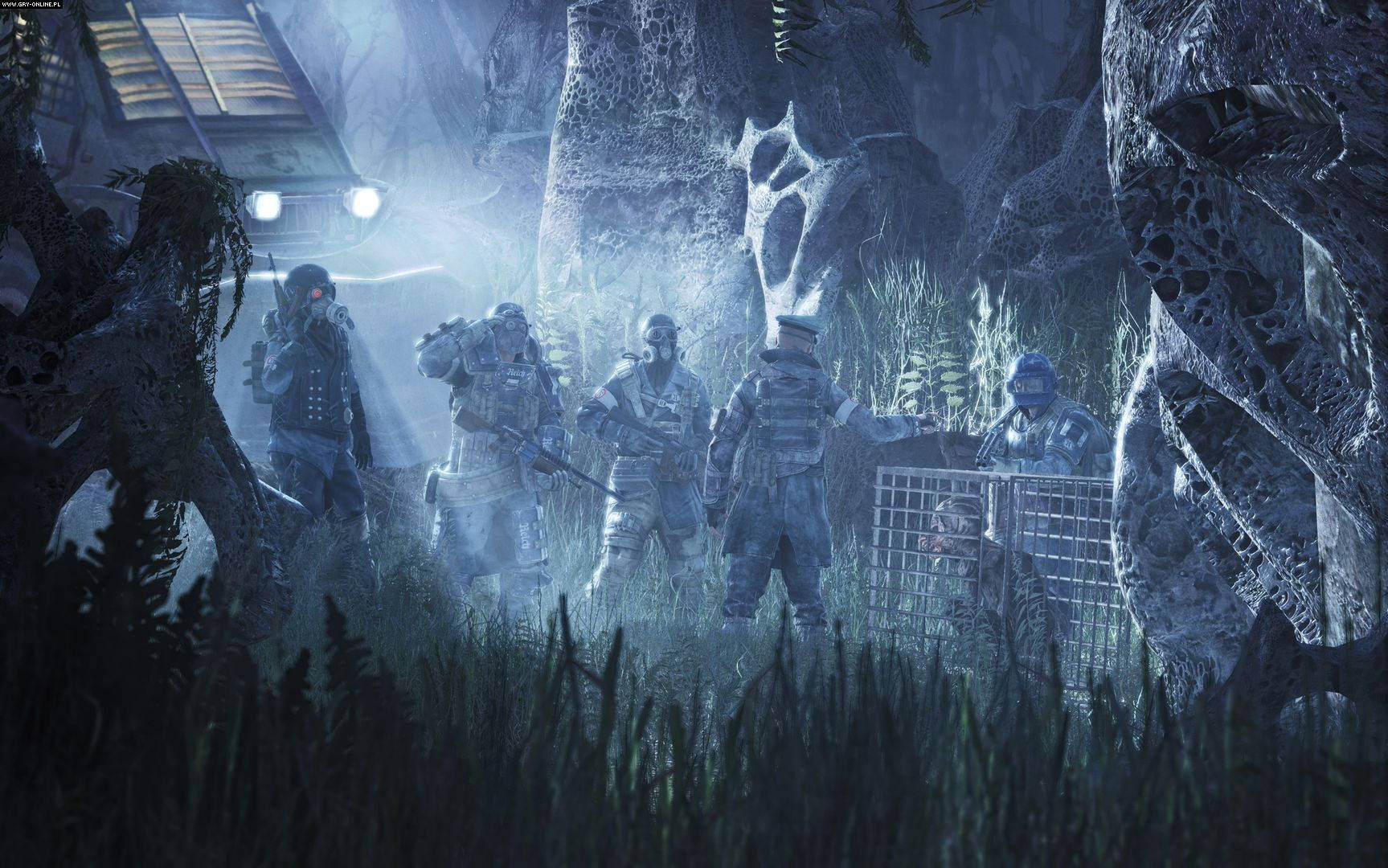 En gruppe mennesker i en mørk skov om natten Wallpaper