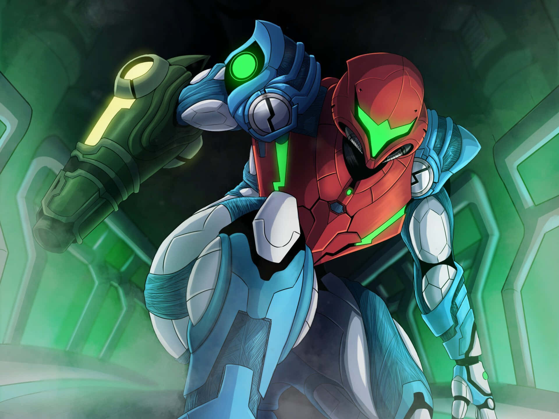 En robot i et grønt og blåt kostume Wallpaper