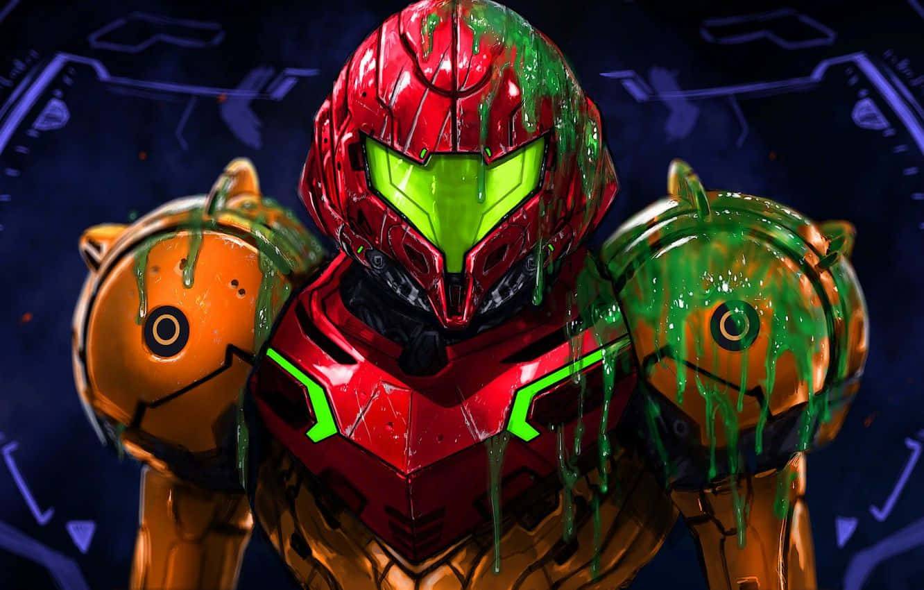 En grøn og rød robot med et grønt og rødt ansigt Wallpaper