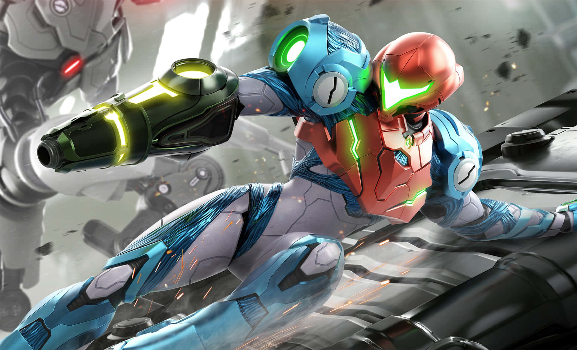 Metroid Dread Samus Aran Fighting Robots Wallpaper