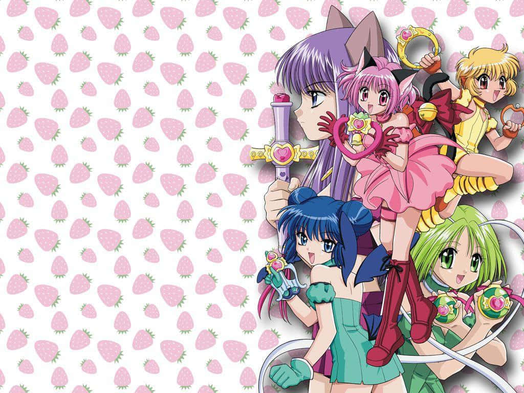 A Group Of Anime Characters Standing In A Pink Background
