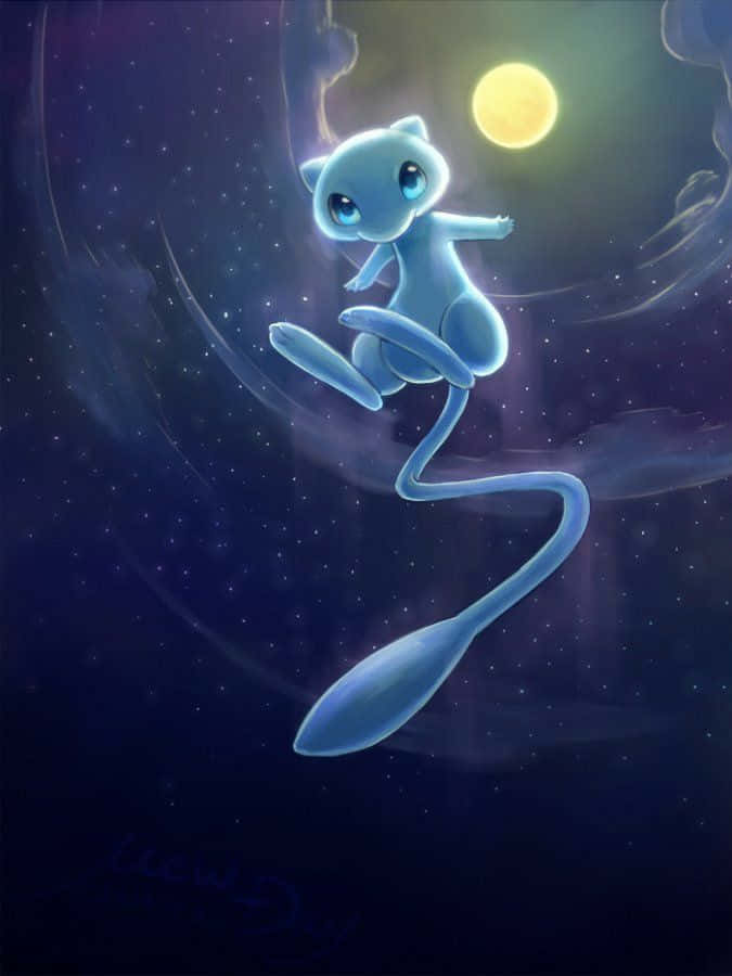 A Blue Cat Flying In The Sky With A Moon