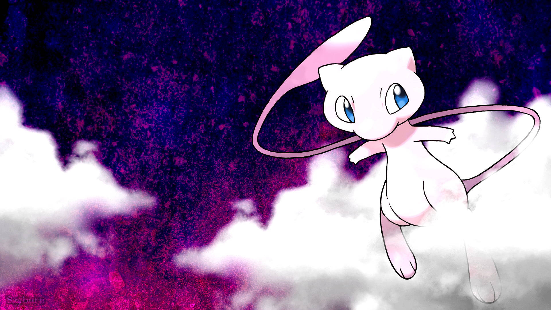 'A Creature from the Heavens: Mew in a Dreamy Cloudy Sky' Wallpaper