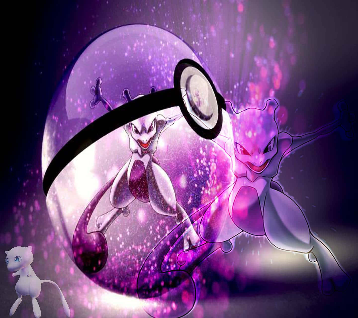 "The powerful Pokémon Mewtwo stands tall amidst a storm of psychic energy"