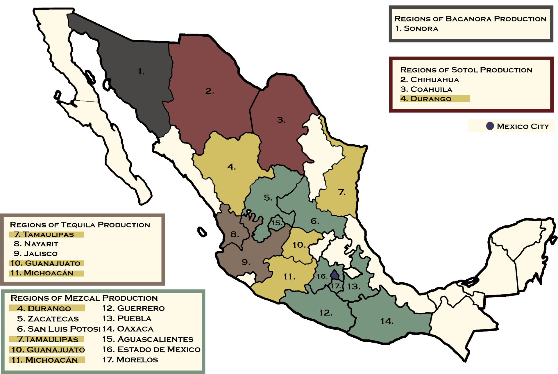 Mexican Spirits Production Regions Map PNG