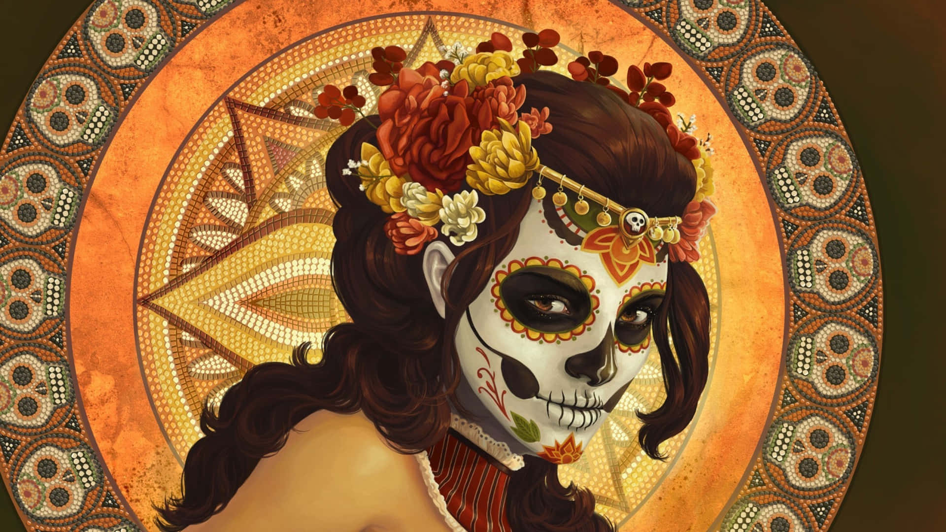 Mexican Woman During Día De Los Muertos Digital Art Wallpaper