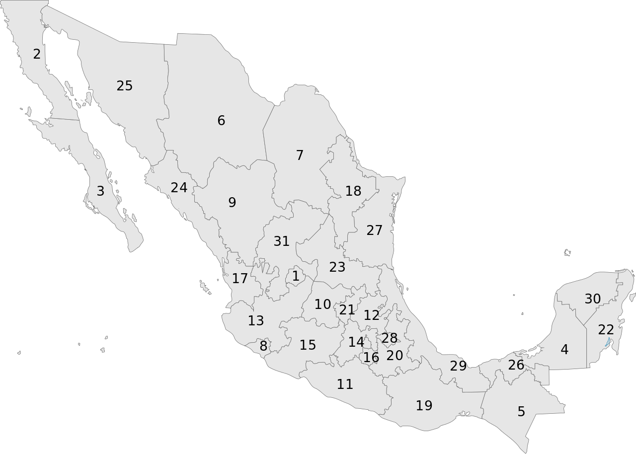 Mexico Numbered Regions Map PNG