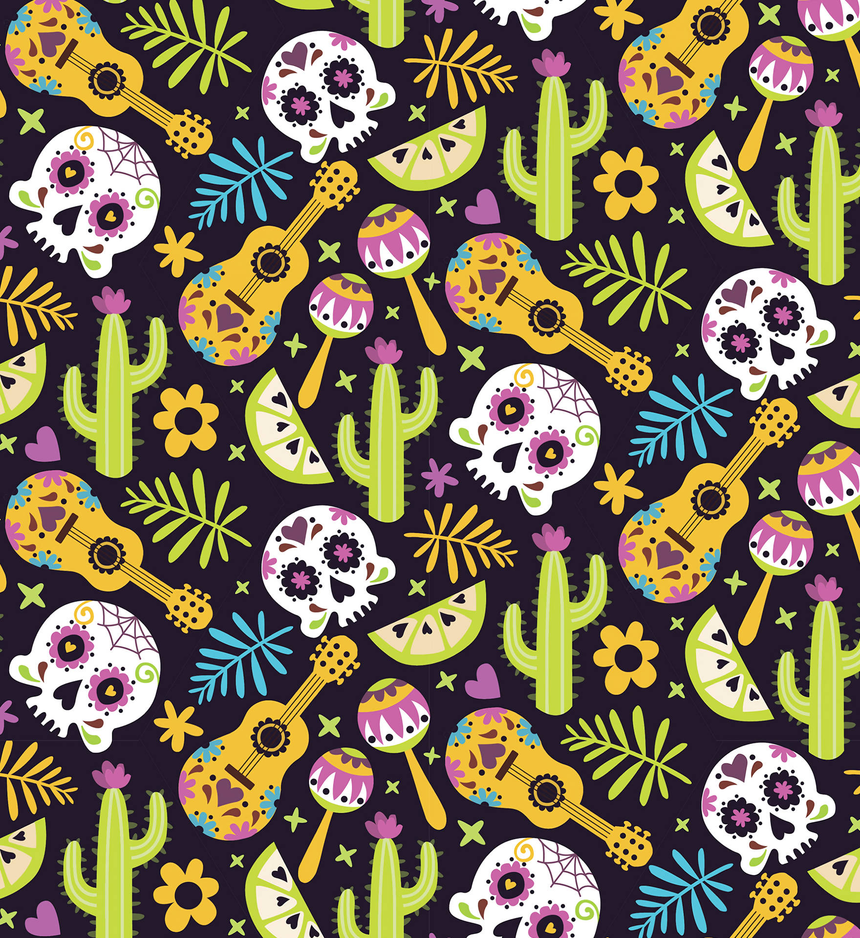 Mexico Skull-Cacti-Guitar Patterns Wallpaper