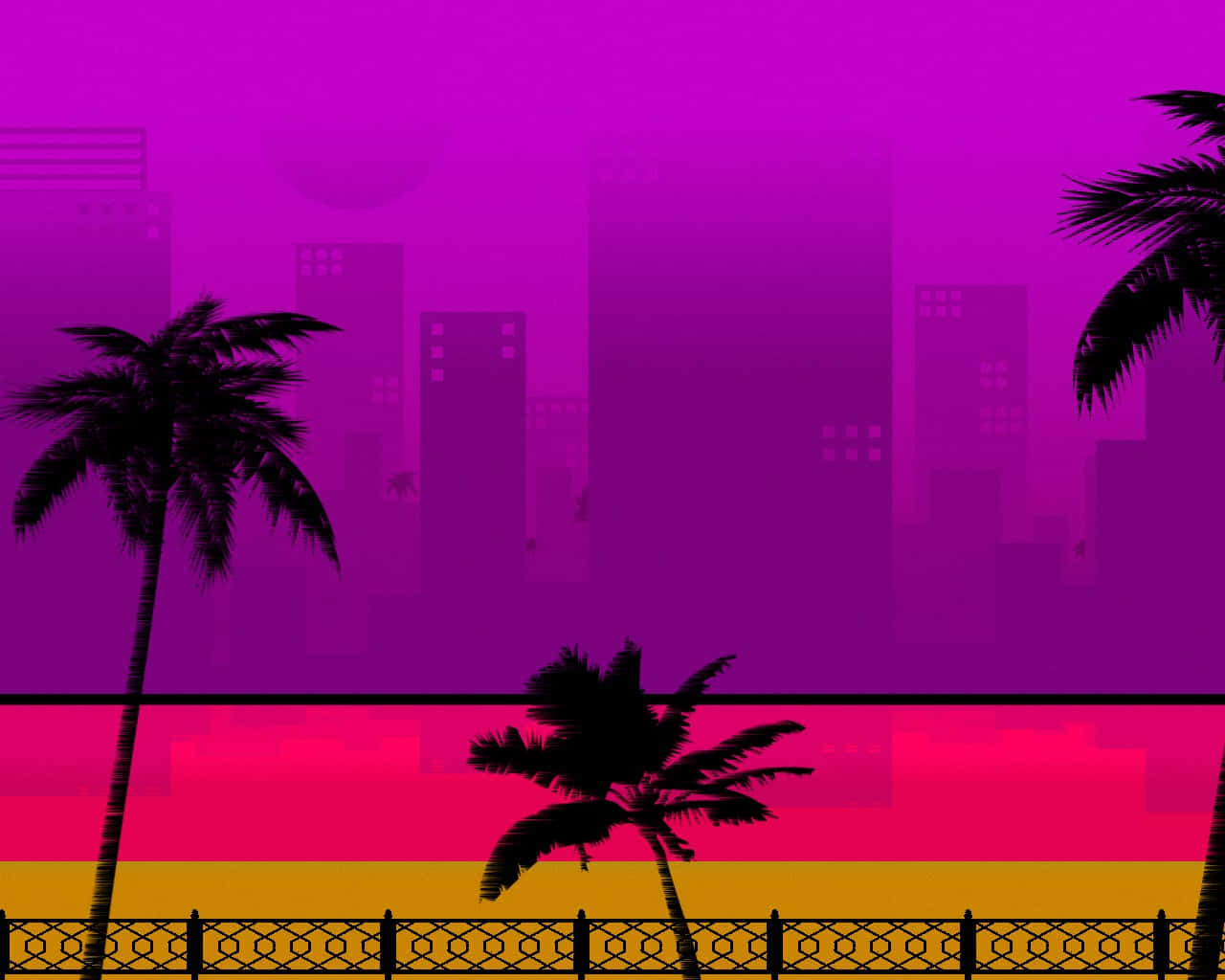 A Purple And Pink Sunset With Palm Trees And Cityscape
