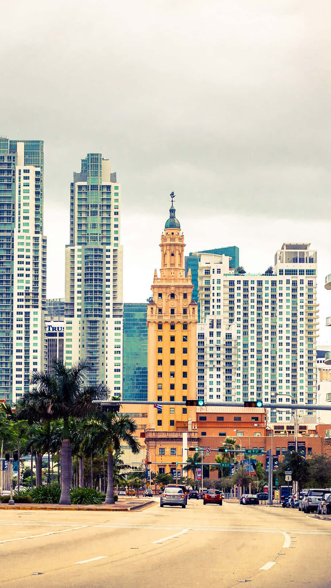 Miami City Street Tall Buildings Iphone Wallpaper