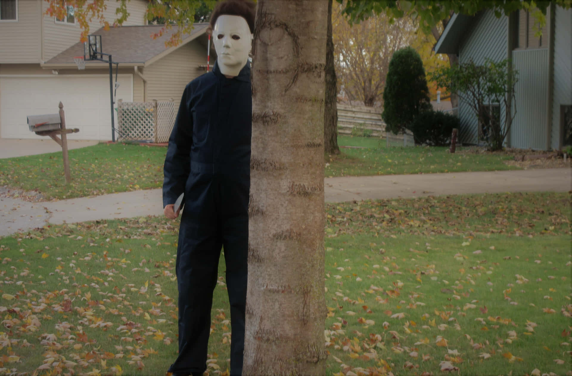 Michael Myers Standing By Tree Autumn Scene Wallpaper