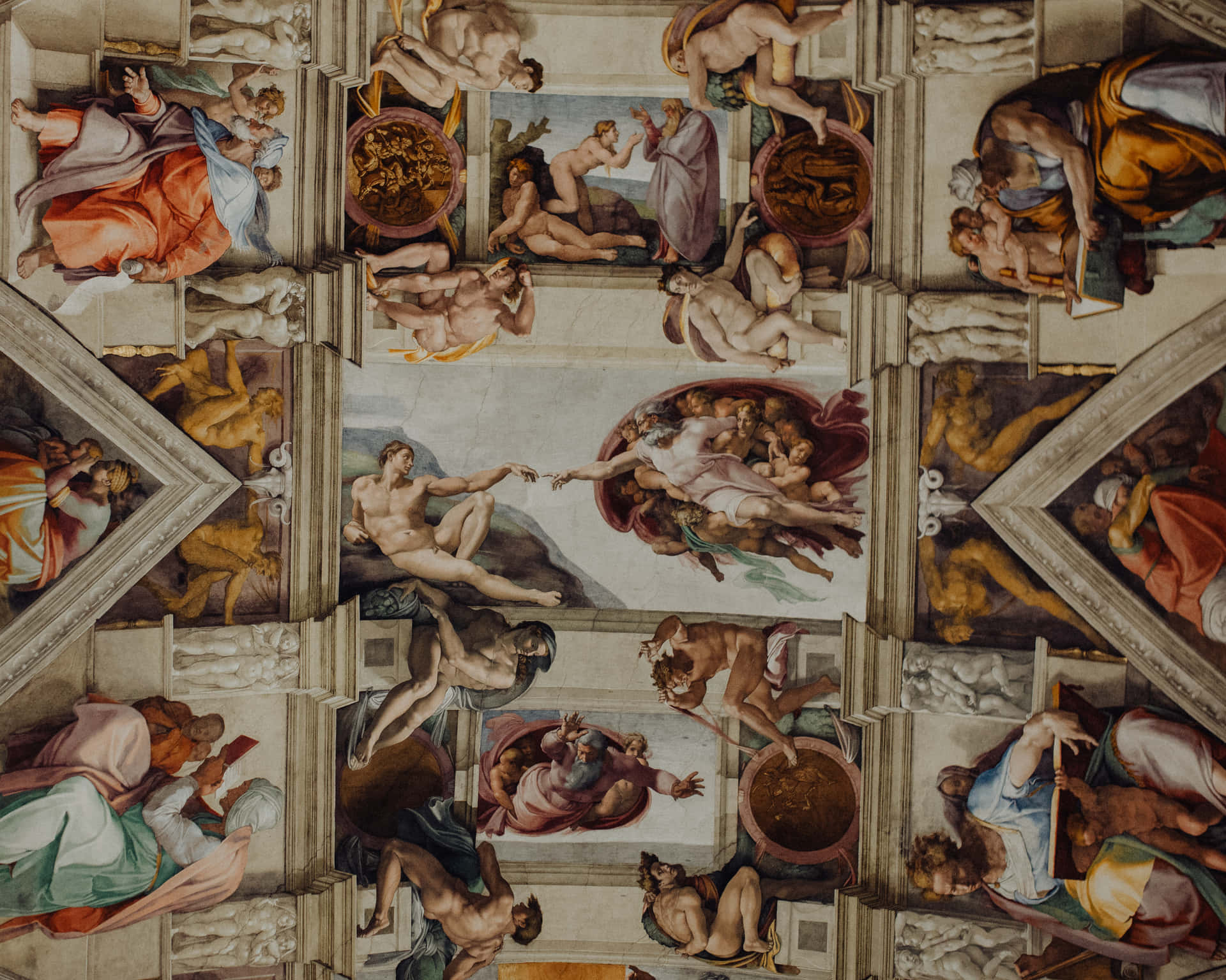 The Ceiling Of A Church With Many Paintings Wallpaper