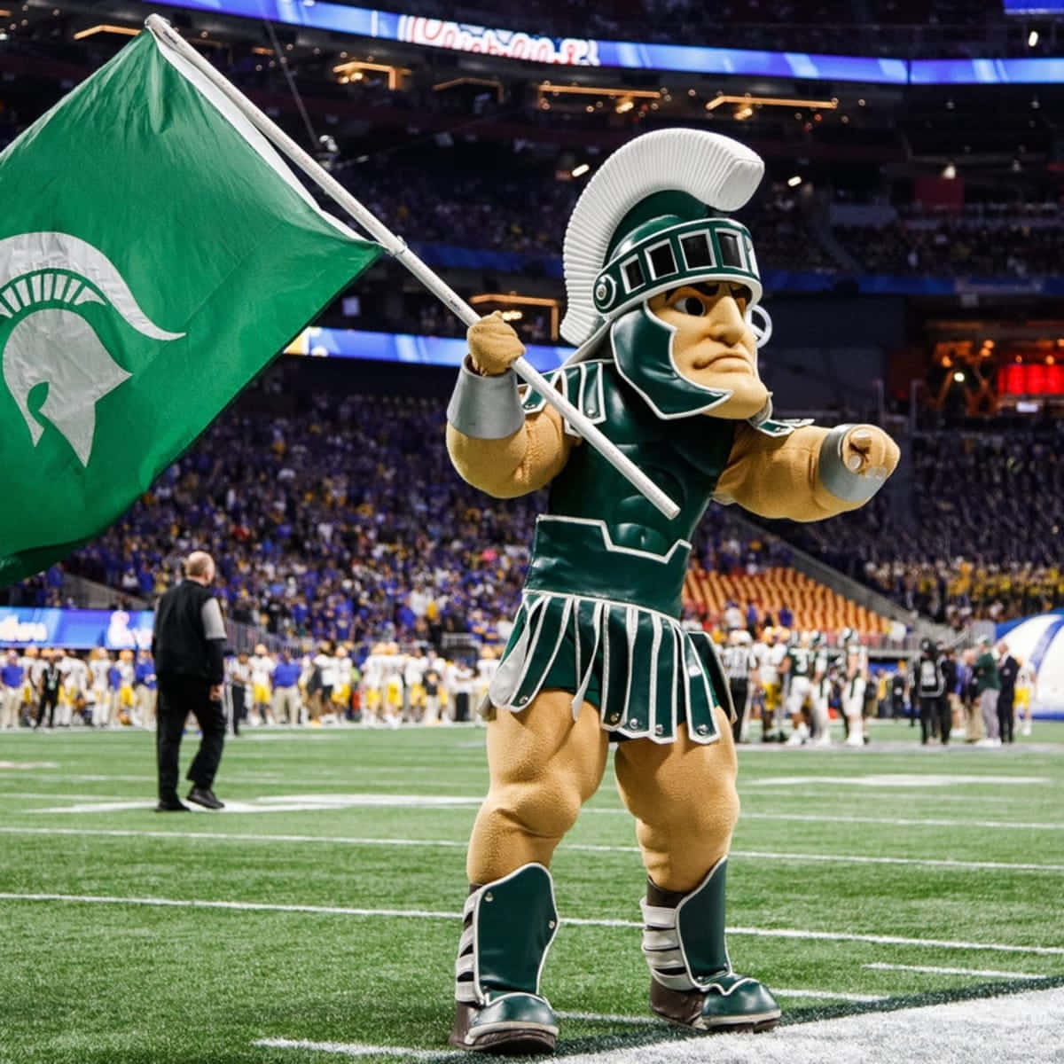 Michigan State Spartans maskot holder en grøn flag Wallpaper