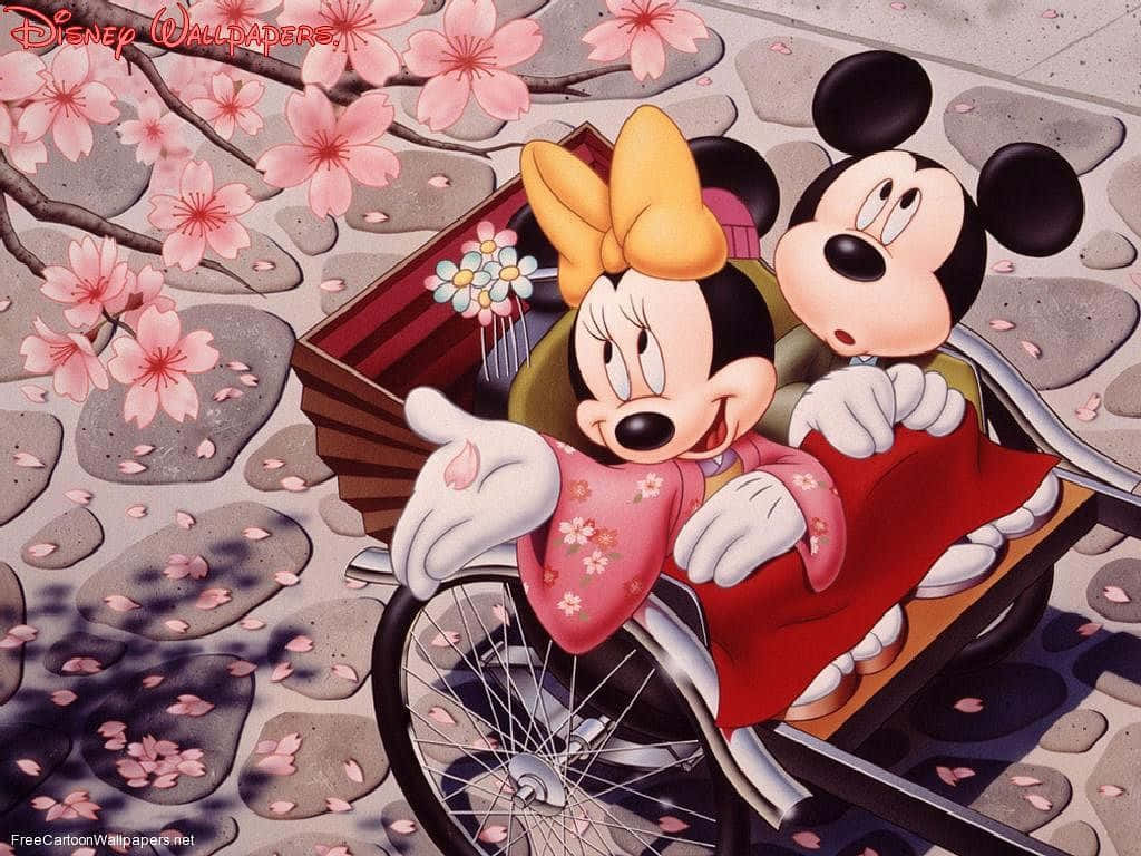 Mickey & Minnie, romance, spring, cartoon, mouse, love, flowers, minnie,  mickey, HD wallpaper