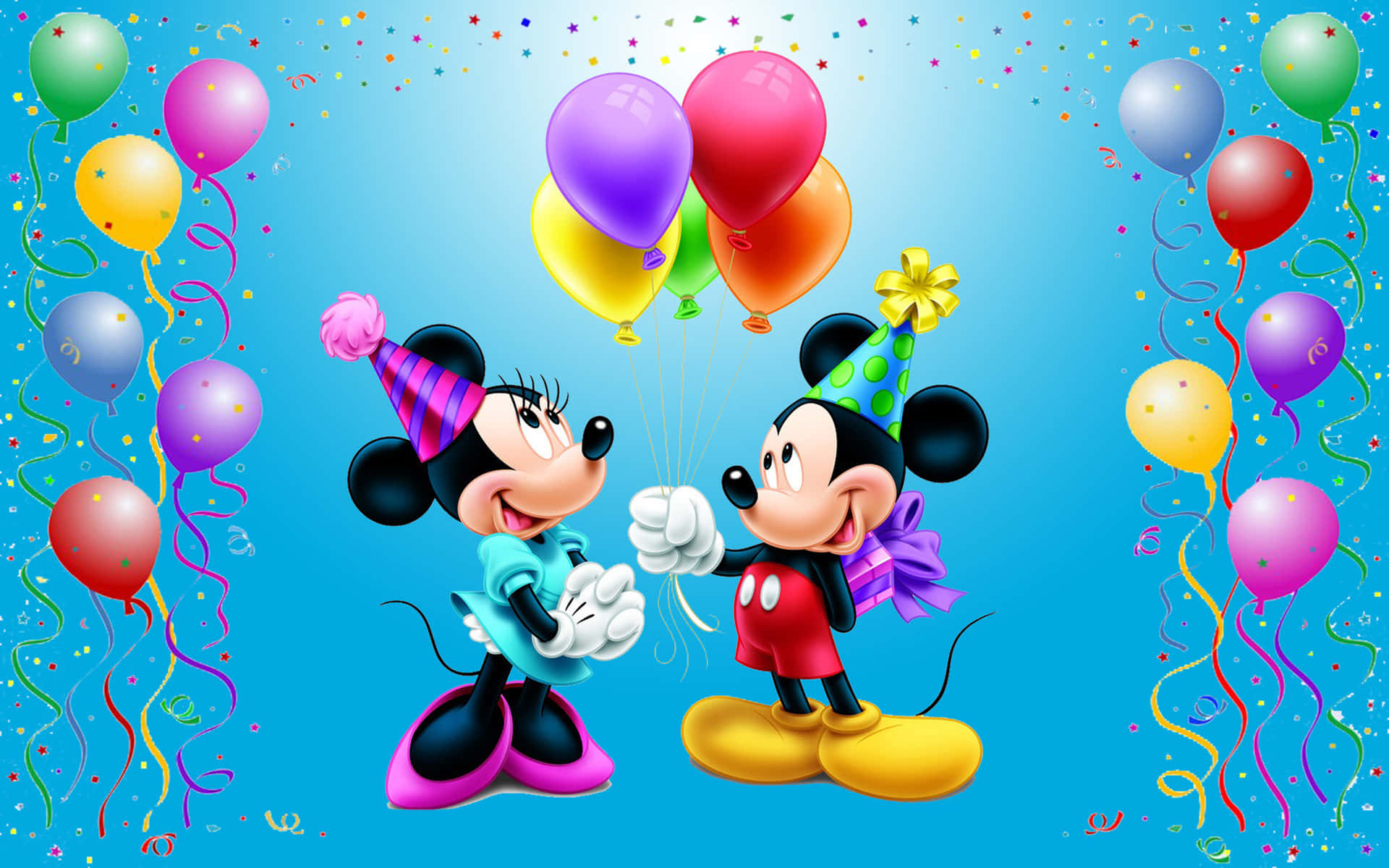 Mickeymouse Och Minnie Mouse Håller I Ballonger.