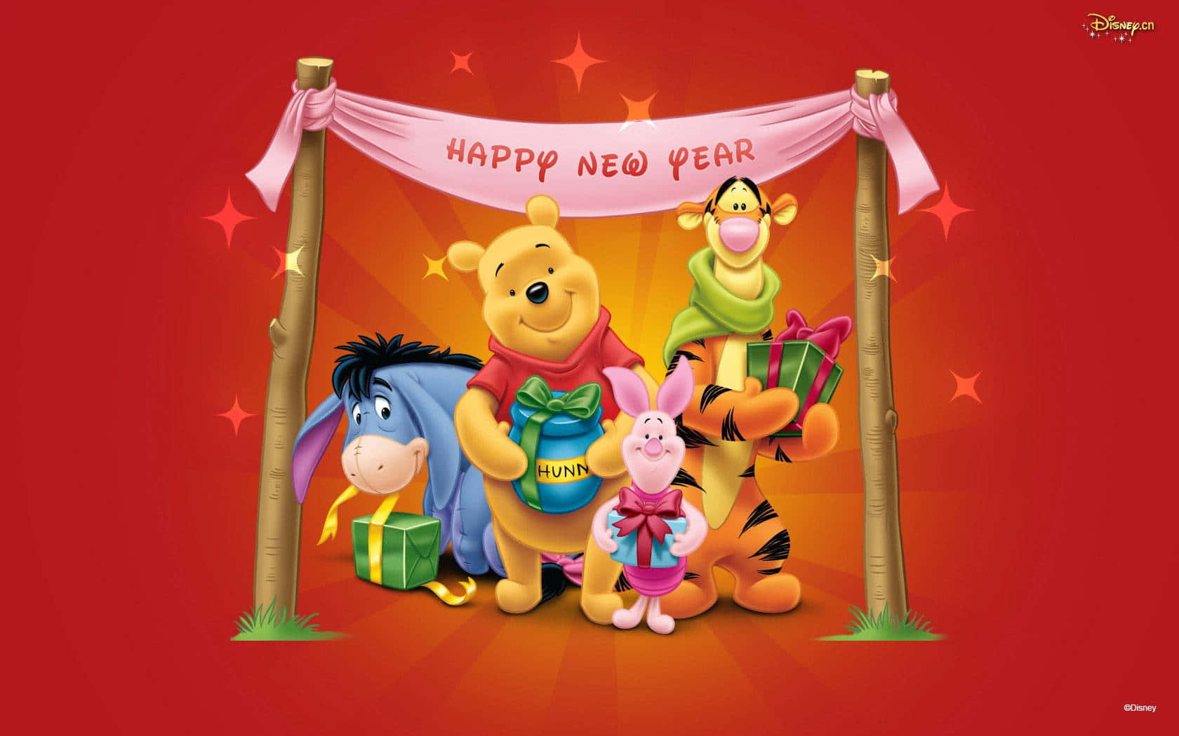 Winniethe Pooh Und Seine Freunde Halten Geschenke Und Ein Banner. Wallpaper