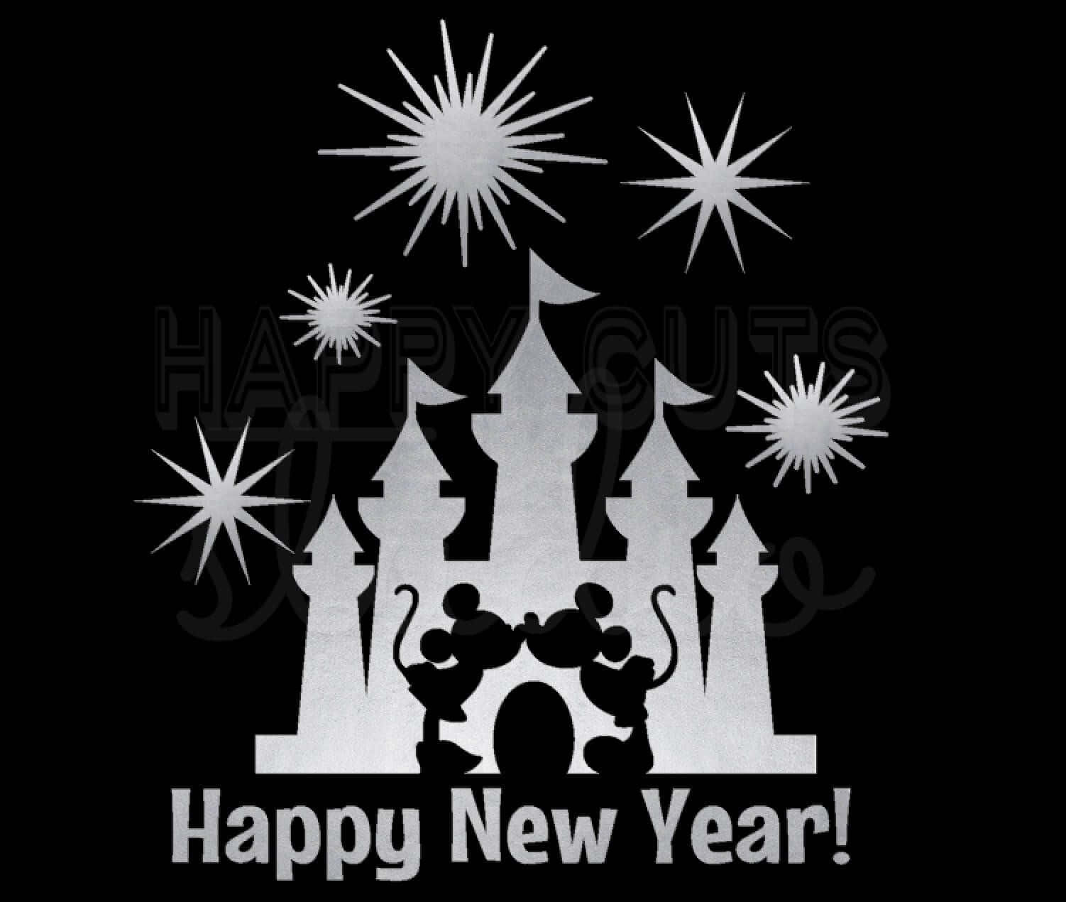 Mickeymouse Feliz Año Nuevo Besándose En El Castillo Fondo de pantalla
