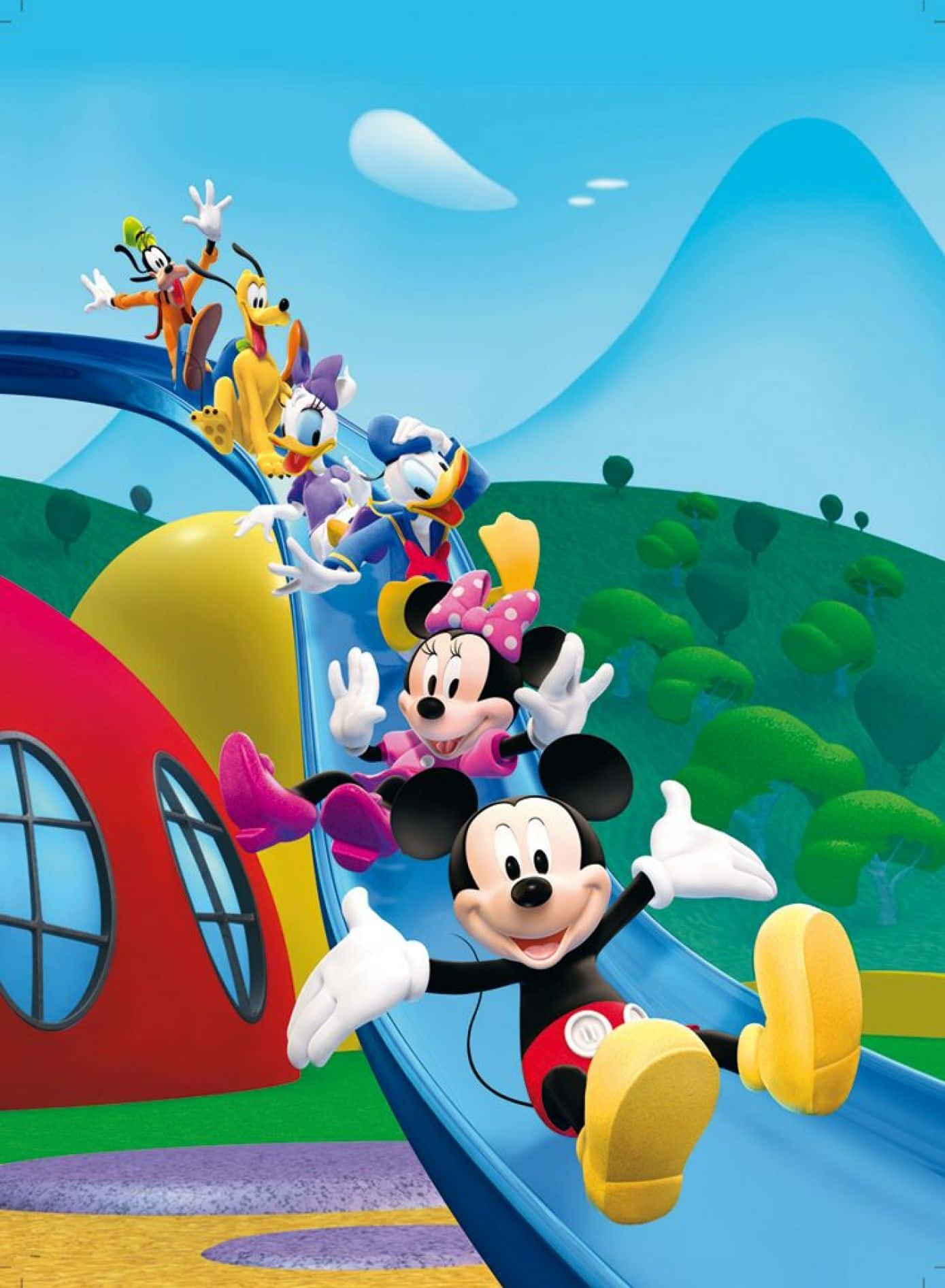 Mickey Mouse And Friends On A Slide Wallpaper