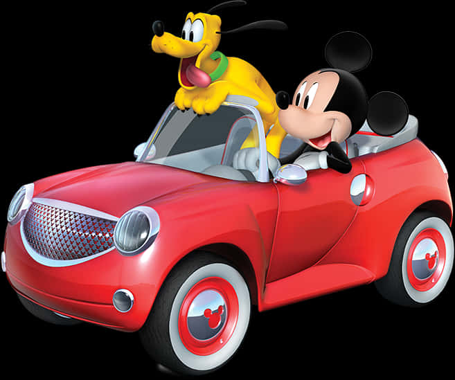 Mickeyand Pluto Driving Red Car PNG