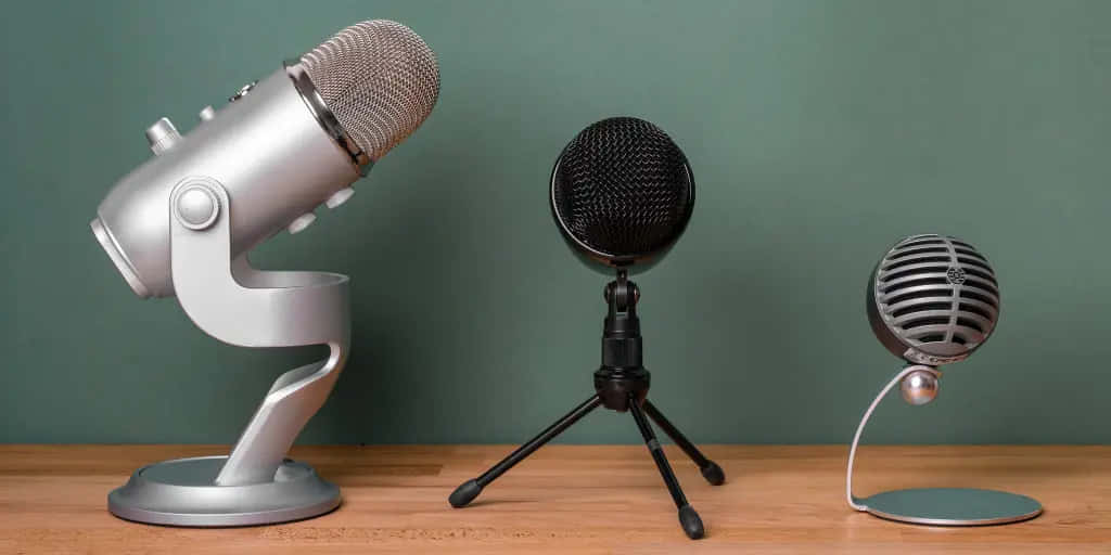 Computer Microphones Wooden Table Background