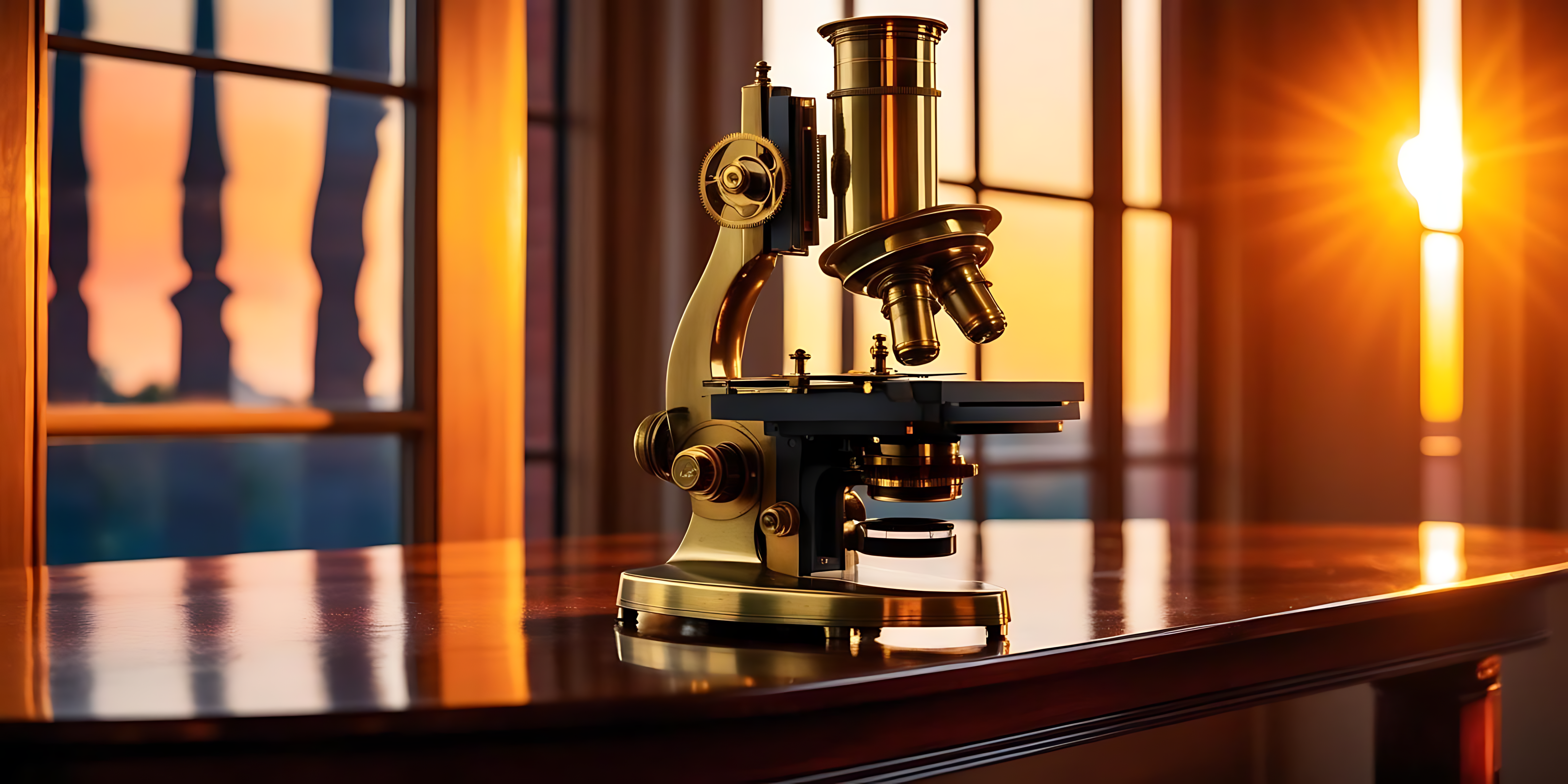 Microscope with dramatic lighting PNG — A vintage brass microscope sits on a polished wooden desk bathed in warm golden sunset light streaming through a window.